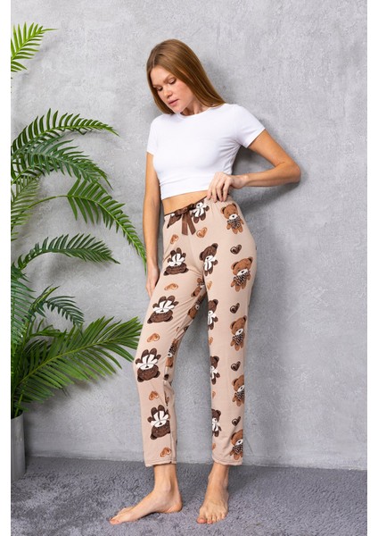 Kadın Beli Lastikli Ayıcık Desenli Pijama Alt Kahverengi - 4535 indirimleri