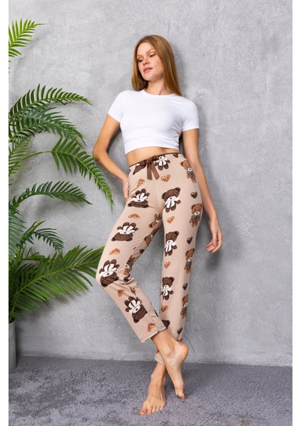 Kadın Beli Lastikli Ayıcık Desenli Pijama Alt Kahverengi - 4535