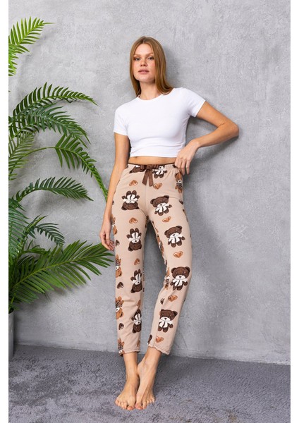 Kadın Beli Lastikli Ayıcık Desenli Pijama Alt Kahverengi - 4535
