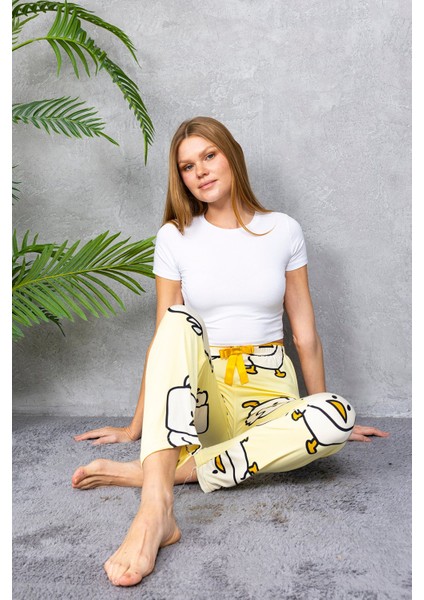 Kadın Beli Lastikli Civciv Desenli Pijama Alt Sarı - 4544 indirimleri