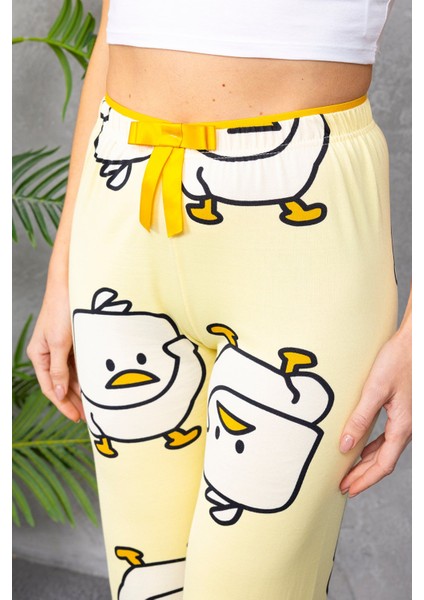 Kadın Beli Lastikli Civciv Desenli Pijama Alt Sarı - 4544