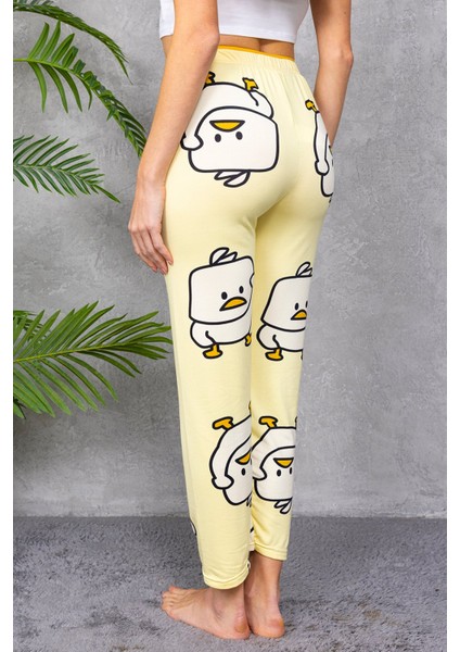 Kadın Beli Lastikli Civciv Desenli Pijama Alt Sarı - 4544