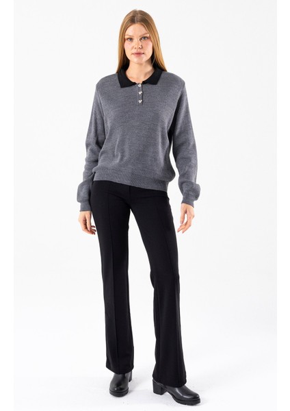 Kadın Polo Yaka Düğme Detaylı Triko Kazak Antrasit - 25K 2546