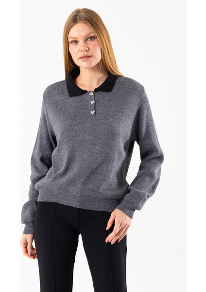 Kadın Polo Yaka Düğme Detaylı Triko Kazak Antrasit - 25K 2546 fiyatları