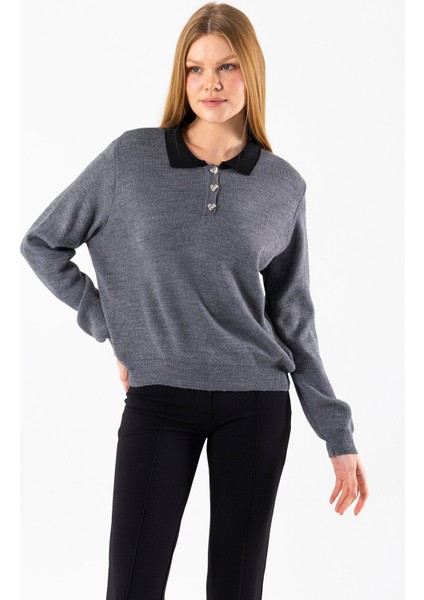 Kadın Polo Yaka Düğme Detaylı Triko Kazak Antrasit - 25K 2546 modelleri