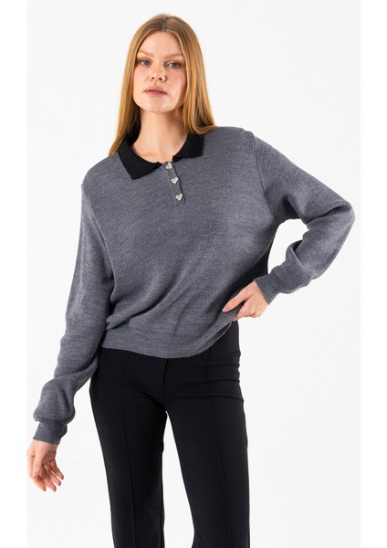 Kadın Polo Yaka Düğme Detaylı Triko Kazak Antrasit - 25K 2546 fırsatları