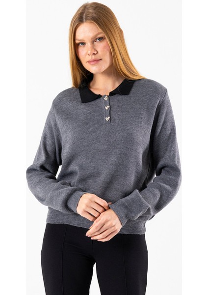 Kadın Polo Yaka Düğme Detaylı Triko Kazak Antrasit - 25K 2546 indirimleri