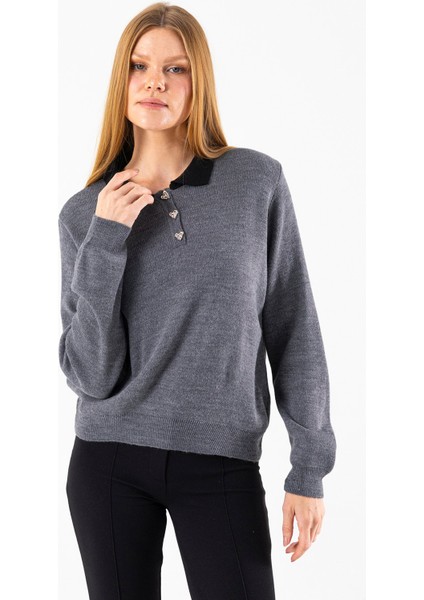 Kadın Polo Yaka Düğme Detaylı Triko Kazak Antrasit - 25K 2546