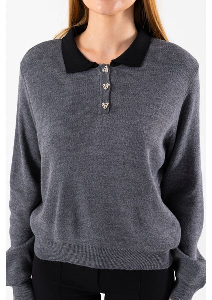 Kadın Polo Yaka Düğme Detaylı Triko Kazak Antrasit - 25K 2546