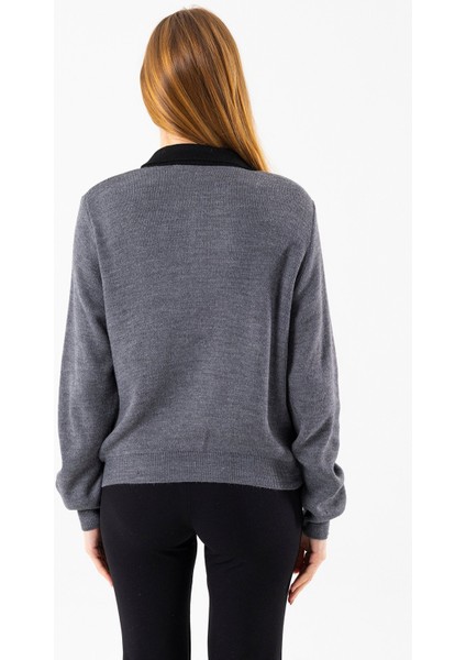 Kadın Polo Yaka Düğme Detaylı Triko Kazak Antrasit - 25K 2546