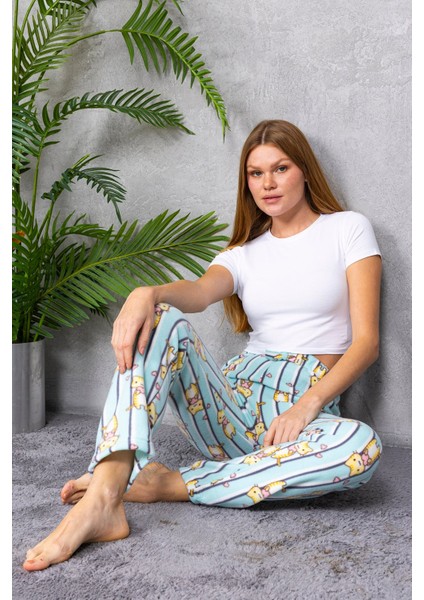 Kadın Beli Lastikli Kedi Desenli Polar Pijama Alt Yeşil - 2068