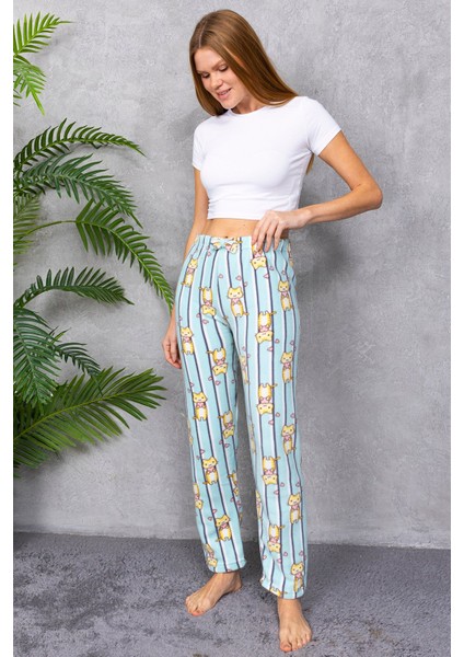 Kadın Beli Lastikli Kedi Desenli Polar Pijama Alt Yeşil - 2068 fırsatları