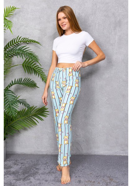 Kadın Beli Lastikli Kedi Desenli Polar Pijama Alt Yeşil - 2068 indirimleri