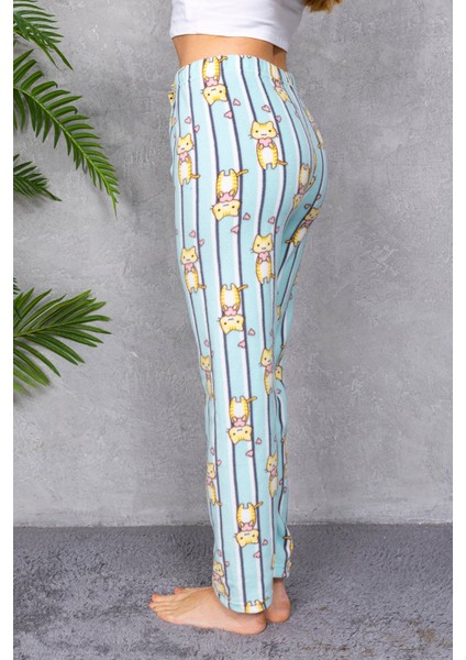 Kadın Beli Lastikli Kedi Desenli Polar Pijama Alt Yeşil - 2068