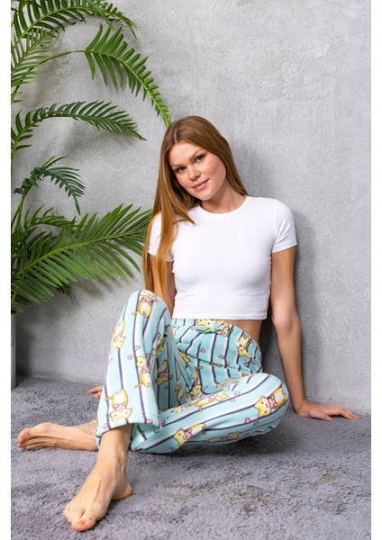 Kadın Beli Lastikli Kedi Desenli Polar Pijama Alt Yeşil - 2068