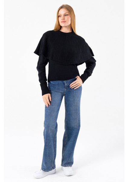 Kadın Bisiklet Yaka Pelerin Detaylı Triko Kazak Siyah - 2271 fiyatları