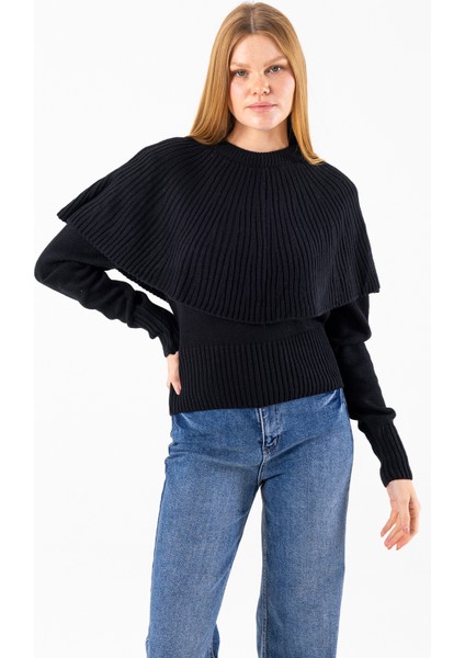 Kadın Bisiklet Yaka Pelerin Detaylı Triko Kazak Siyah - 2271 modelleri