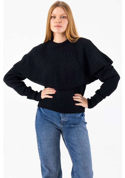 Kadın Bisiklet Yaka Pelerin Detaylı Triko Kazak Siyah - 2271 fırsatları