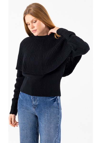 Kadın Bisiklet Yaka Pelerin Detaylı Triko Kazak Siyah - 2271 indirimleri