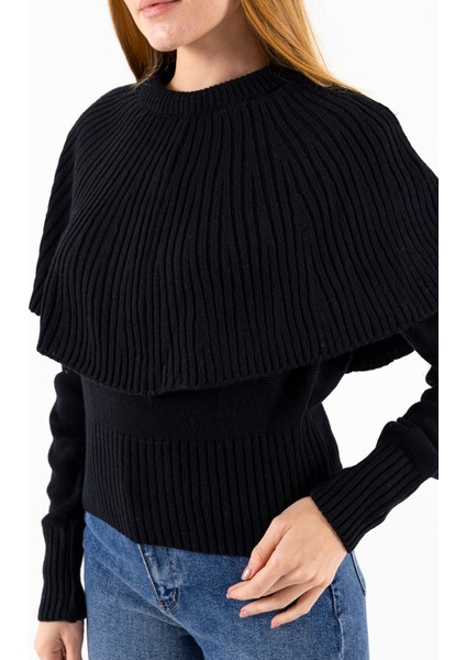 Kadın Bisiklet Yaka Pelerin Detaylı Triko Kazak Siyah - 2271