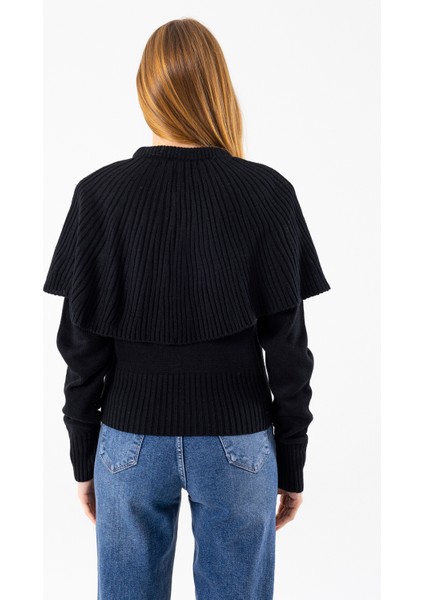 Kadın Bisiklet Yaka Pelerin Detaylı Triko Kazak Siyah - 2271