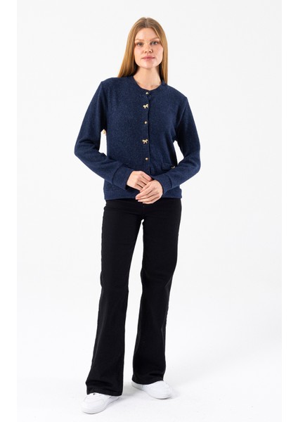 Kadın Bisiklet Yaka Düğmeli Yumuşak Dokulu Hırka Lacivert - 2686 modelleri