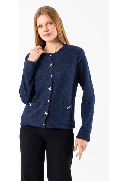 Kadın Bisiklet Yaka Düğmeli Yumuşak Dokulu Hırka Lacivert - 2686 fırsatları