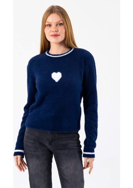 Kadın Bisiklet Yaka Kalp Detaylı Triko Kazak Lacivert - 2358