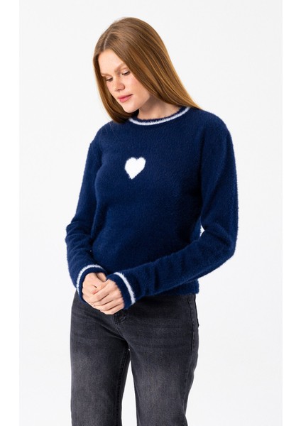 Kadın Bisiklet Yaka Kalp Detaylı Triko Kazak Lacivert - 2358 fırsatları