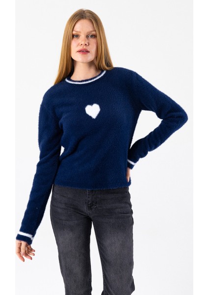 Kadın Bisiklet Yaka Kalp Detaylı Triko Kazak Lacivert - 2358 indirimleri