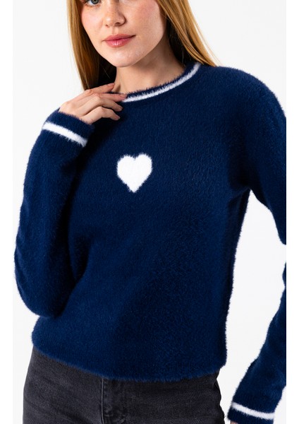 Kadın Bisiklet Yaka Kalp Detaylı Triko Kazak Lacivert - 2358