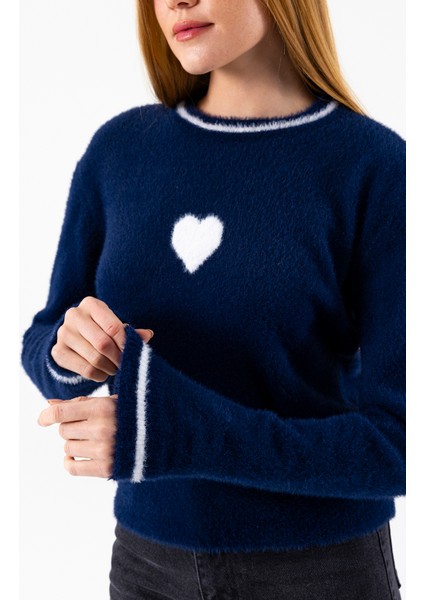 Kadın Bisiklet Yaka Kalp Detaylı Triko Kazak Lacivert - 2358
