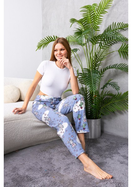 Kadın Beli Lastikli Tavşan Desenli Polar Pijama Alt Mavi - 2068