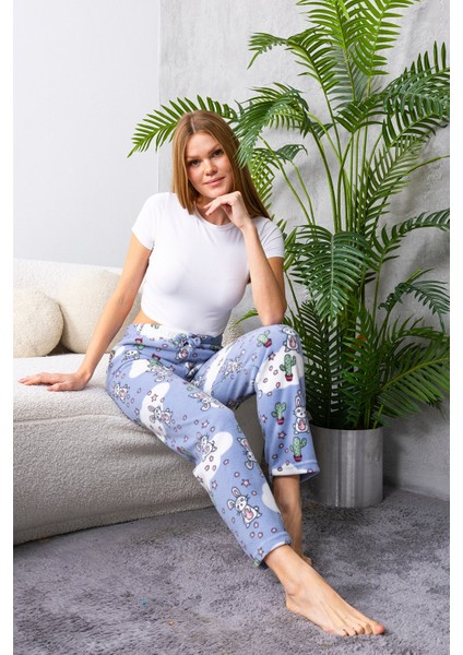 Kadın Beli Lastikli Tavşan Desenli Polar Pijama Alt Mavi - 2068 modelleri