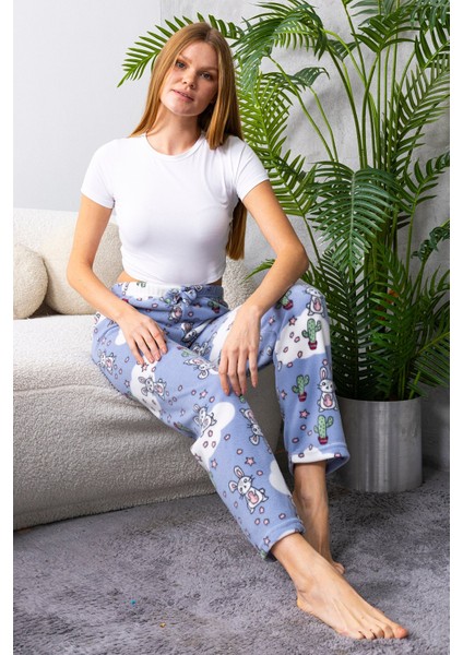 Kadın Beli Lastikli Tavşan Desenli Polar Pijama Alt Mavi - 2068 fırsatları