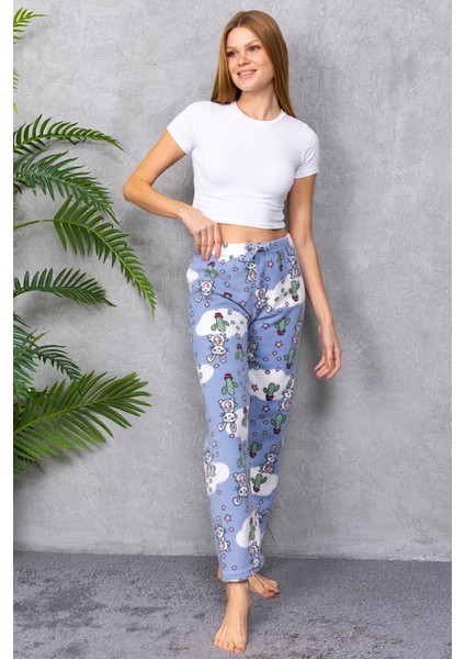 Kadın Beli Lastikli Tavşan Desenli Polar Pijama Alt Mavi - 2068 indirimleri