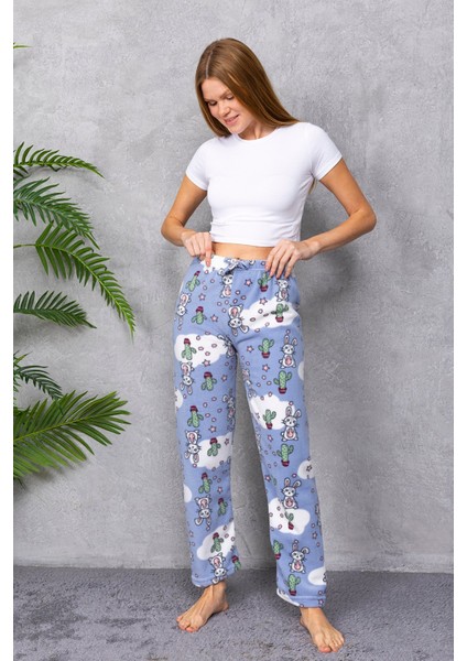 Kadın Beli Lastikli Tavşan Desenli Polar Pijama Alt Mavi - 2068