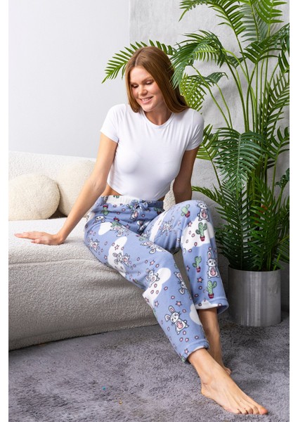 Kadın Beli Lastikli Tavşan Desenli Polar Pijama Alt Mavi - 2068