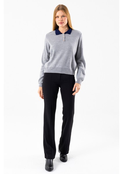 Kadın Polo Yaka Düğme Detaylı Triko Kazak Gri - 25K 2546 fiyatları