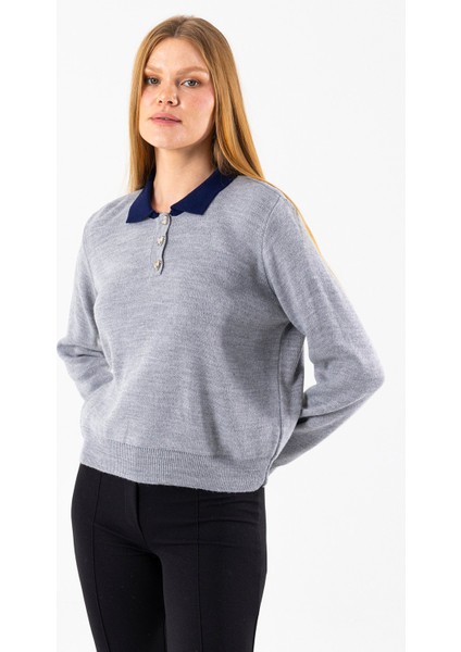 Kadın Polo Yaka Düğme Detaylı Triko Kazak Gri - 25K 2546 modelleri