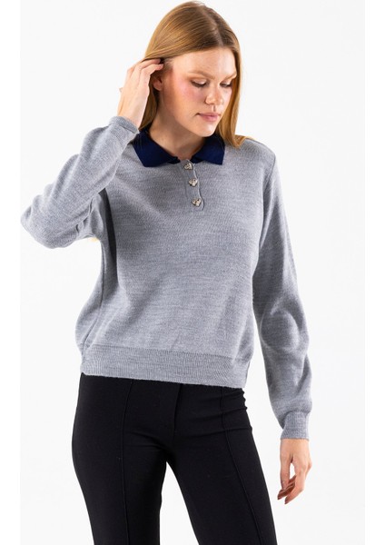 Kadın Polo Yaka Düğme Detaylı Triko Kazak Gri - 25K 2546 fırsatları