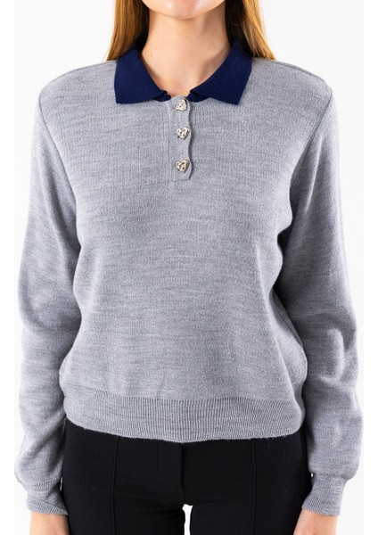 Kadın Polo Yaka Düğme Detaylı Triko Kazak Gri - 25K 2546 indirimleri