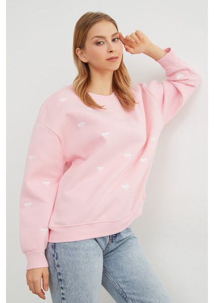 3 Iplik Fiyonk Nakışlı Oversize Sweatshirt