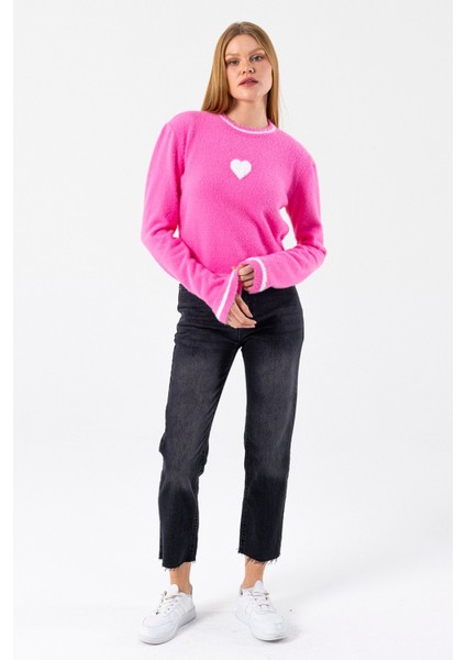 Kadın Bisiklet Yaka Kalp Detaylı Triko Kazak Pembe - 2358