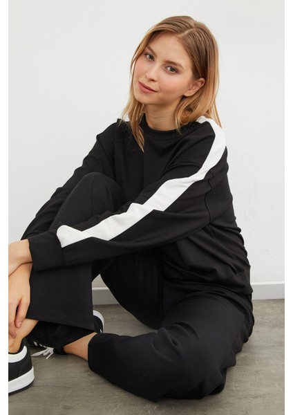 Kolu Şeritli Bisiklet Yaka Modal Sweatshirt