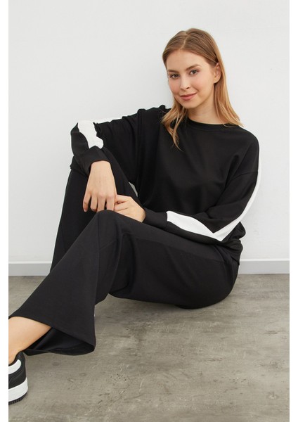 Kolu Şeritli Bisiklet Yaka Modal Sweatshirt modelleri