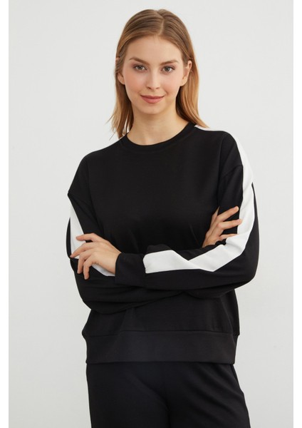 Kolu Şeritli Bisiklet Yaka Modal Sweatshirt indirimleri