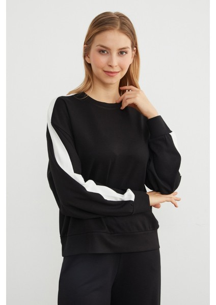 Kolu Şeritli Bisiklet Yaka Modal Sweatshirt