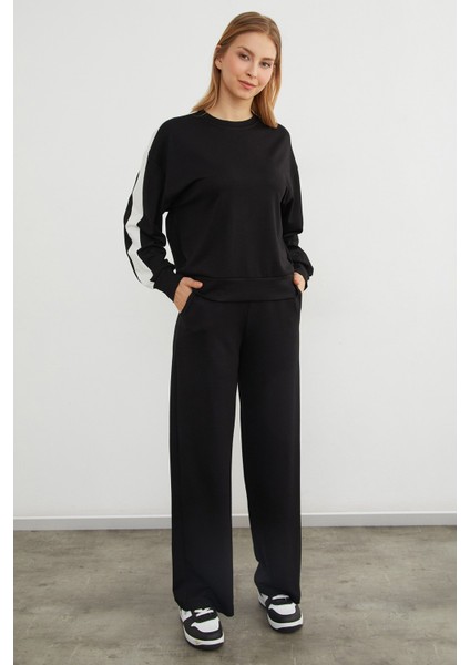 Kolu Şeritli Bisiklet Yaka Modal Sweatshirt