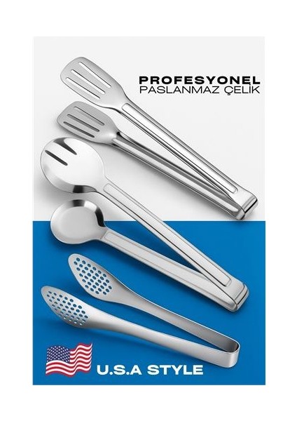 Amerikan Tip Mutfak Maşa Seti 3 LÜ SET 304 Paslanmaz Çelik